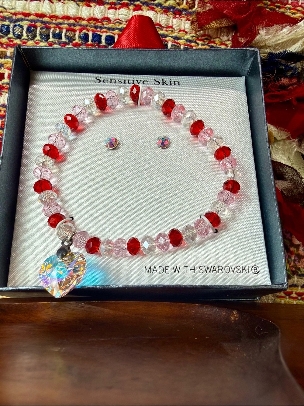 Swarovski Pink & Red Crystal Heart Stretch Bracelet